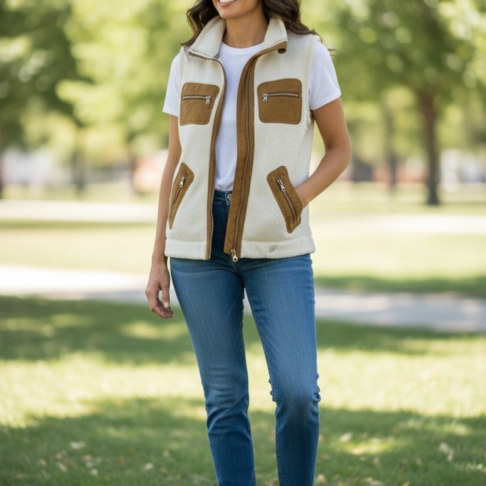 Cloud Veil Cream Sherpa Vest with Tan Trim - Casual Layering Vest